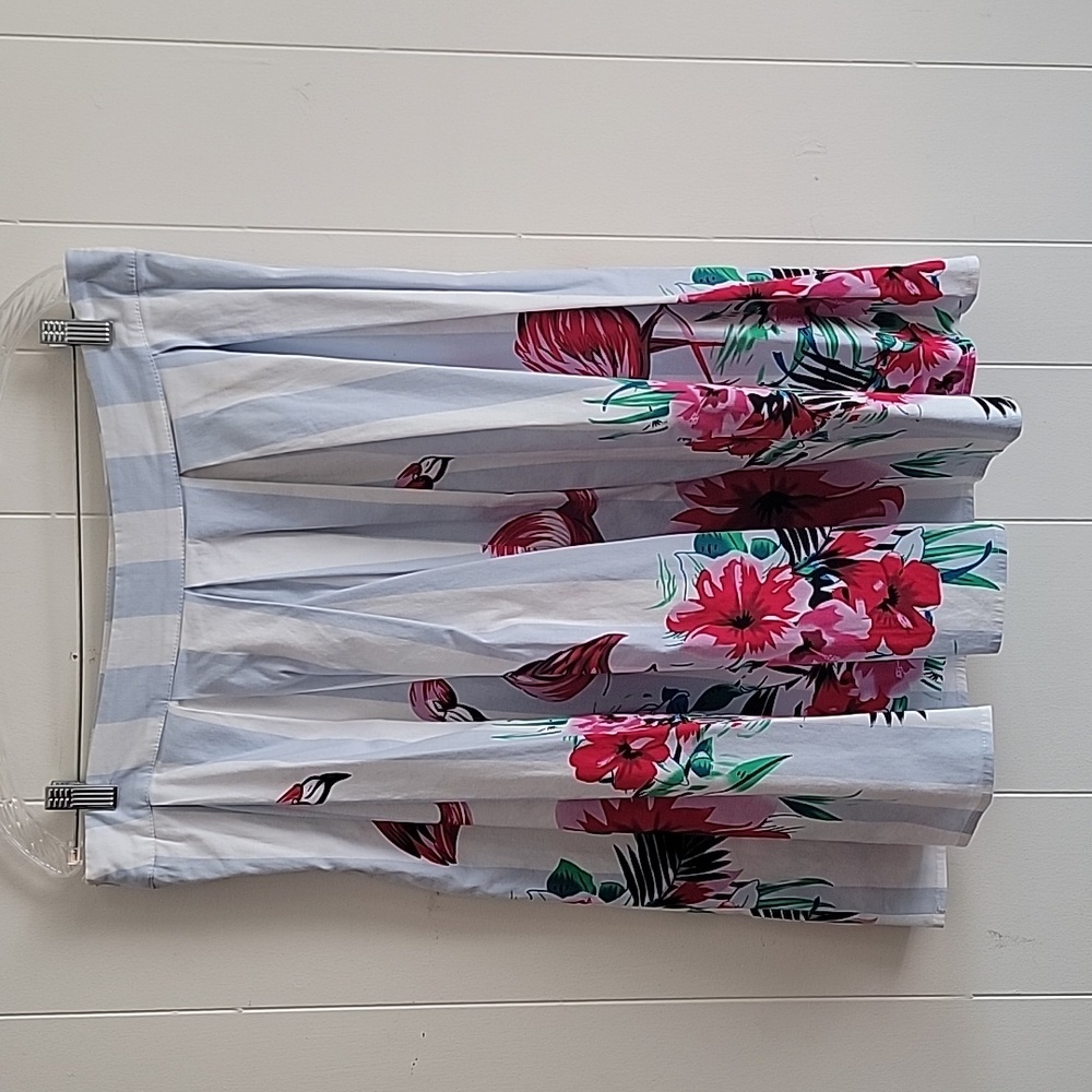 Blue and White Striped Flamingo and Hibiscus Flower Skirt Size XXL